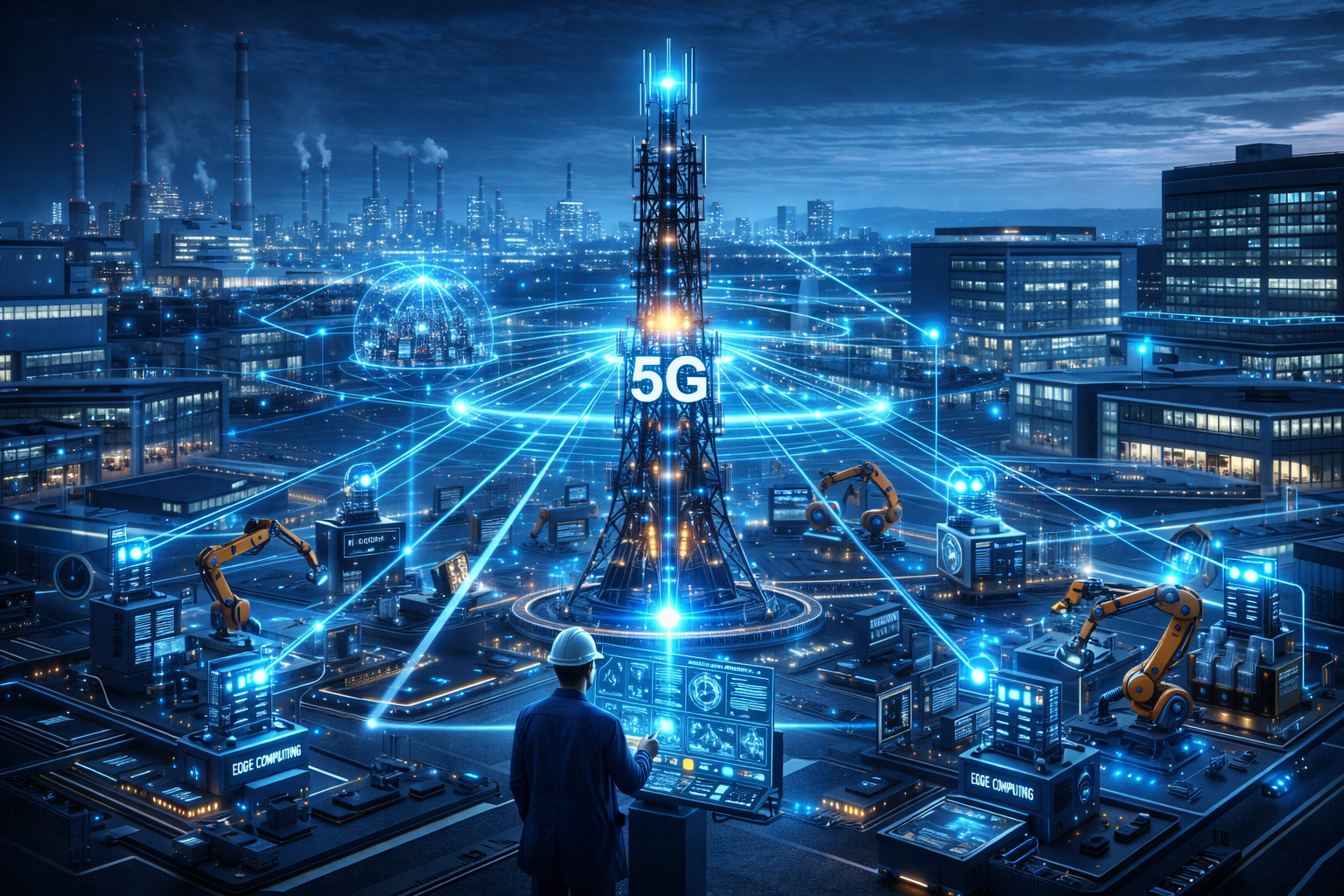 Private 5G network powering smart factory and enterprise campus, edge computing, ultra-low latency connectivity, futuristic industrial technology